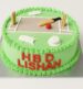 Cricket theme cake with fondant pitch, bat, ball, stumps, and grass design