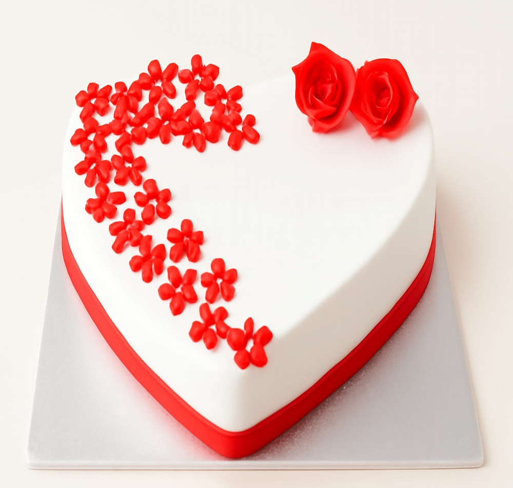 Heart shaped white cake with red roses and blossoms, perfect romantic anniversary or Valentine’s cake in Yelahanka from BakersStreet.
