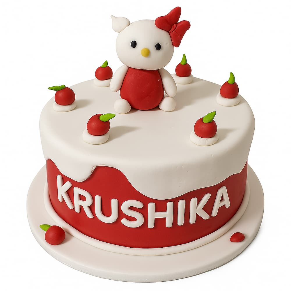 Red and white fondant Charming Doll Theme Cake birthday cake with doll topper and custom name design
