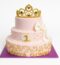 Two-tier pink fondant Royal Crown Theme Cake with golden tiara topper and bow decoration – princess birthday cake
